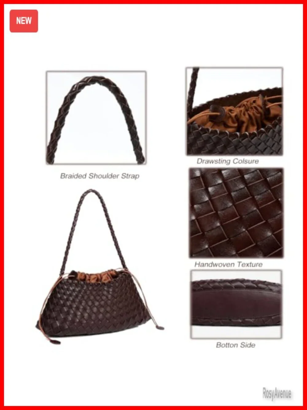Women's Hand-Woven Faux Leather Slouchy Hobo Shoulder Bag with Detachable